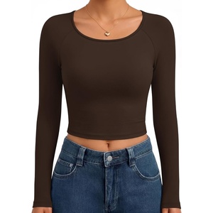 image:imageEkouaer Womens Long Sleeve Crop Tops Scoop Neck Raglan Shirts Slim Fit Underscrub Basic Fashion Clothing XSXXLBrown