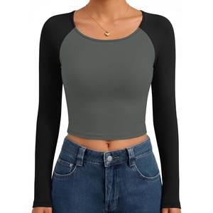 image:imageEkouaer Womens Long Sleeve Crop Tops Scoop Neck Raglan Shirts Slim Fit Underscrub Basic Fashion Clothing XSXXLGrey Black Combo