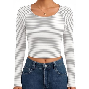 image:imageEkouaer Womens Long Sleeve Crop Tops Scoop Neck Raglan Shirts Slim Fit Underscrub Basic Fashion Clothing XSXXLGrey White Striped