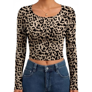 image:imageEkouaer Womens Long Sleeve Crop Tops Scoop Neck Raglan Shirts Slim Fit Underscrub Basic Fashion Clothing XSXXLLeopard Print