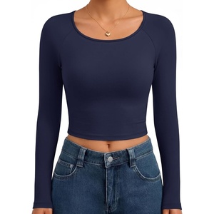 image:imageEkouaer Womens Long Sleeve Crop Tops Scoop Neck Raglan Shirts Slim Fit Underscrub Basic Fashion Clothing XSXXLNavy Blue