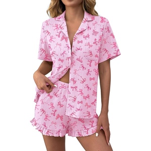 image:imageEkouaer Womens Pajamas Sets Button Down Pjs Cute Short Sleeve Sleepwear  Pointelle Fabric PyjamaRuffle Edges ShortsClassic Notch Neck ShirtChest PocketCute LoungewearBridal Party NightwearBow