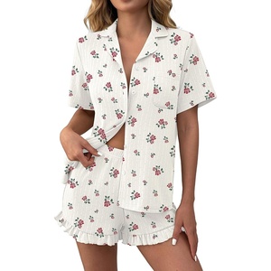image:imageEkouaer Womens Pajamas Sets Button Down Pjs Cute Short Sleeve Sleepwear  Pointelle Fabric PyjamaRuffle Edges ShortsClassic Notch Neck ShirtChest PocketCute LoungewearBridal Party NightwearFloral