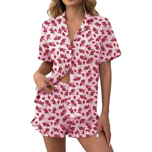 image:imageEkouaer Womens Pajamas Sets Button Down Pjs Cute Short Sleeve Sleepwear  Pointelle Fabric PyjamaRuffle Edges ShortsClassic Notch Neck ShirtChest PocketCute LoungewearBridal Party NightwearRed Floral