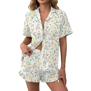 image:imageEkouaer Womens Pajamas Sets Button Down Pjs Cute Short Sleeve Sleepwear  Pointelle Fabric PyjamaRuffle Edges ShortsClassic Notch Neck ShirtChest PocketCute LoungewearBridal Party NightwearMulti Floral