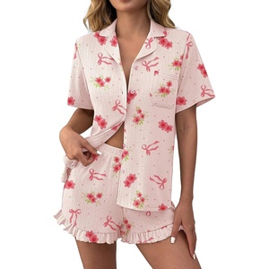 image:imageEkouaer Womens Pajamas Sets Button Down Pjs Cute Short Sleeve Sleepwear  Pointelle Fabric PyjamaRuffle Edges ShortsClassic Notch Neck ShirtChest PocketCute LoungewearBridal Party NightwearBow Floral