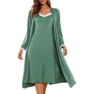 image:imageEkouaer Womens Sexy Nightgown with Robes Set 2 Piece Lace Full Length Knit Soft Nightwear Lightweight Bathrobes SXXLCeladon Green