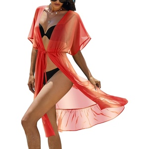 image:imageEkouaer Womens Swimwear Cover Ups Sexy Chiffon Beach Bikini Swimsuit Kimono Cardigan Cover Up Long Flowy BeachwearP Red and Orange Stripes