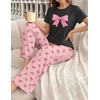 image:imageEkouaer Womens Pajamas Sets 2 Piece Short Sleeve Lounge Set Printed Loose Pants Round Neck Pj Sets LoungewearBlack Pink Bows