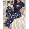 image:imageEkouaer Womens Pajamas Sets 2 Piece Short Sleeve Lounge Set Printed Loose Pants Round Neck Pj Sets LoungewearNavy Blue Coffee