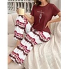 image:imageEkouaer Womens Pajamas Sets 2 Piece Short Sleeve Lounge Set Printed Loose Pants Round Neck Pj Sets LoungewearOmbre Wine Red