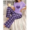 image:imageEkouaer Womens Pajamas Sets 2 Piece Short Sleeve Lounge Set Printed Loose Pants Round Neck Pj Sets LoungewearPlaid Purple