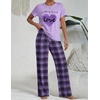 image:imageEkouaer Womens Pajamas Sets 2 Piece Short Sleeve Lounge Set Printed Loose Pants Round Neck Pj Sets LoungewearPlaid Purple
