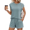 image:imageEkouaer Two Piece Sets for Women Summer Crew Neck Lounge Shorts Sets Cap Sleeve Matching Sets Vacation Outfits with PocketIce Green