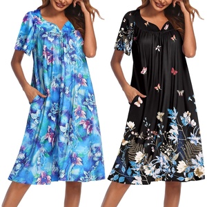 image:imageEkouaer 2 Pack House Dresses for Women with Pockets Short Sleeve Moo Moos Floral Print Mumu DressesBlue FloralButterfly Floral