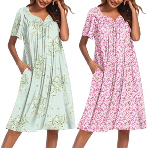 image:imageEkouaer 2 Pack House Dresses for Women with Pockets Short Sleeve Moo Moos Floral Print Mumu DressesFloral Light GreenFloral Pink