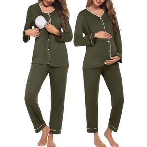 image:imageEkouaer Maternity Pajama Set Button Down Nursing Pajamas Long Sleeve Breastfeeding Loungewear with Adjustable PantsArmy Green