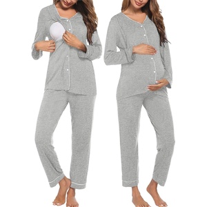 image:imageEkouaer Maternity Pajama Set Button Down Nursing Pajamas Long Sleeve Breastfeeding Loungewear with Adjustable PantsLight Grey