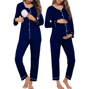 image:imageEkouaer Maternity Pajama Set Button Down Nursing Pajamas Long Sleeve Breastfeeding Loungewear with Adjustable PantsNavy Blue