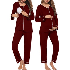 image:imageEkouaer Maternity Pajama Set Button Down Nursing Pajamas Long Sleeve Breastfeeding Loungewear with Adjustable PantsWine Red