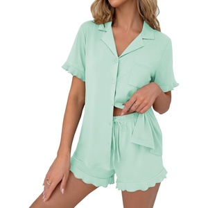 image:imageEkouaer Pajamas Set for Women Button Down Pjs Lounge Sets Ruffle Short Sleeve Sleepwear Cute LoungewearIce Green