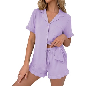 image:imageEkouaer Pajamas Set for Women Button Down Pjs Lounge Sets Ruffle Short Sleeve Sleepwear Cute LoungewearLilac
