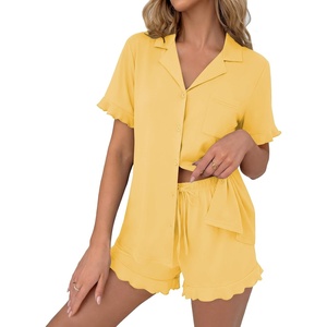 image:imageEkouaer Pajamas Set for Women Button Down Pjs Lounge Sets Ruffle Short Sleeve Sleepwear Cute LoungewearYellow