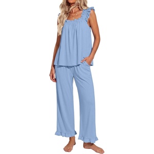image:imageEkouaer Pajamas for Women Set 2 Piece Ruffle Pjs Soft Sleeveless Tank Top and Pants Sleepwear Bridal Casual LoungewearBlue