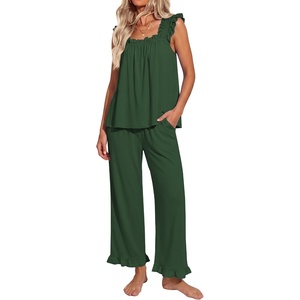 image:imageEkouaer Pajamas for Women Set 2 Piece Ruffle Pjs Soft Sleeveless Tank Top and Pants Sleepwear Bridal Casual LoungewearBright Green