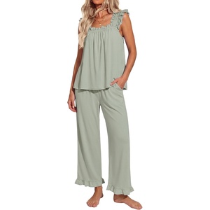 image:imageEkouaer Pajamas for Women Set 2 Piece Ruffle Pjs Soft Sleeveless Tank Top and Pants Sleepwear Bridal Casual LoungewearGreen