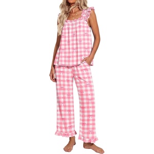 image:imageEkouaer Pajamas for Women Set 2 Piece Ruffle Pjs Soft Sleeveless Tank Top and Pants Sleepwear Bridal Casual LoungewearPink Plaid