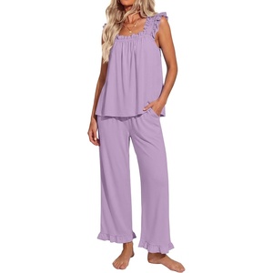 image:imageEkouaer Pajamas for Women Set 2 Piece Ruffle Pjs Soft Sleeveless Tank Top and Pants Sleepwear Bridal Casual LoungewearPurple