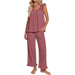 image:imageEkouaer Pajamas for Women Set 2 Piece Ruffle Pjs Soft Sleeveless Tank Top and Pants Sleepwear Bridal Casual LoungewearRed Plaid