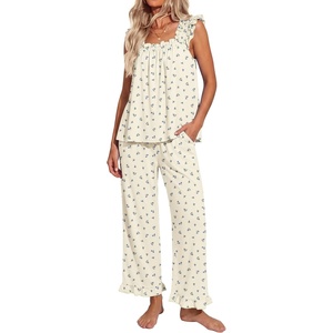 image:imageEkouaer Pajamas for Women Set 2 Piece Ruffle Pjs Soft Sleeveless Tank Top and Pants Sleepwear Bridal Casual LoungewearSmall FlowersBeige