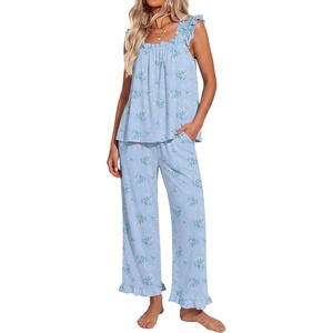 image:imageEkouaer Pajamas for Women Set 2 Piece Ruffle Pjs Soft Sleeveless Tank Top and Pants Sleepwear Bridal Casual LoungewearSmall FlowersBlue