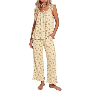 image:imageEkouaer Pajamas for Women Set 2 Piece Ruffle Pjs Soft Sleeveless Tank Top and Pants Sleepwear Bridal Casual LoungewearSmall FlowersYellow