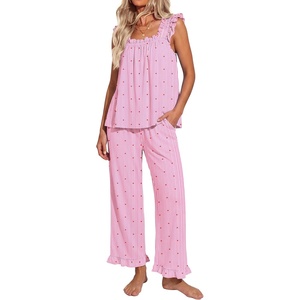 image:imageEkouaer Pajamas for Women Set 2 Piece Ruffle Pjs Soft Sleeveless Tank Top and Pants Sleepwear Bridal Casual LoungewearStripesHeartsPink