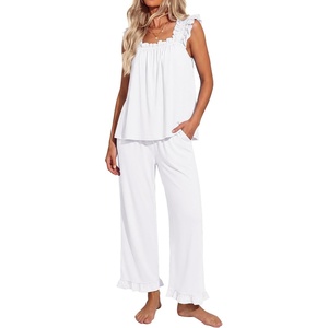 image:imageEkouaer Pajamas for Women Set 2 Piece Ruffle Pjs Soft Sleeveless Tank Top and Pants Sleepwear Bridal Casual LoungewearWhite