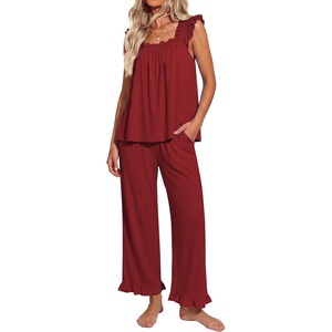 image:imageEkouaer Pajamas for Women Set 2 Piece Ruffle Pjs Soft Sleeveless Tank Top and Pants Sleepwear Bridal Casual LoungewearWine Red