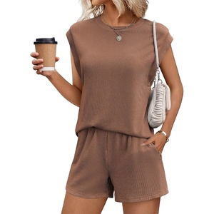 image:imageEkouaer Two Piece Sets for Women Summer Crew Neck Lounge Shorts Sets Cap Sleeve Matching Sets Vacation Outfits with PocketBrown