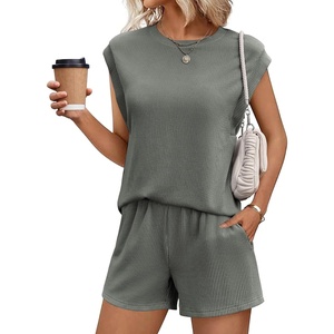 image:imageEkouaer Two Piece Sets for Women Summer Crew Neck Lounge Shorts Sets Cap Sleeve Matching Sets Vacation Outfits with PocketDark Olive Green