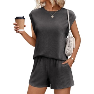 image:imageEkouaer Two Piece Sets for Women Summer Crew Neck Lounge Shorts Sets Cap Sleeve Matching Sets Vacation Outfits with PocketGrey