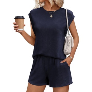 image:imageEkouaer Two Piece Sets for Women Summer Crew Neck Lounge Shorts Sets Cap Sleeve Matching Sets Vacation Outfits with PocketNavy Blue