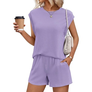 image:imageEkouaer Two Piece Sets for Women Summer Crew Neck Lounge Shorts Sets Cap Sleeve Matching Sets Vacation Outfits with PocketPurple