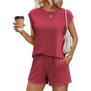 image:imageEkouaer Two Piece Sets for Women Summer Crew Neck Lounge Shorts Sets Cap Sleeve Matching Sets Vacation Outfits with PocketRed