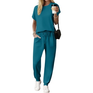 image:imageEkouaer Womens Cotton Matching Lounge Sets Short Sleeve Top and Jogger Pants Set Fashion Casual OutfitsBlue Green