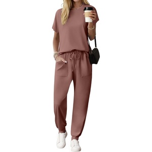 image:imageEkouaer Womens Cotton Matching Lounge Sets Short Sleeve Top and Jogger Pants Set Fashion Casual OutfitsBrown