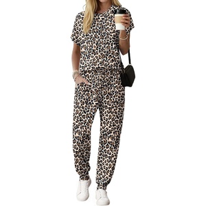 image:imageEkouaer Womens Cotton Matching Lounge Sets Short Sleeve Top and Jogger Pants Set Fashion Casual OutfitsBrown Leopard
