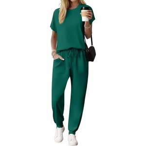image:imageEkouaer Womens Cotton Matching Lounge Sets Short Sleeve Top and Jogger Pants Set Fashion Casual OutfitsGreen