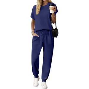 image:imageEkouaer Womens Cotton Matching Lounge Sets Short Sleeve Top and Jogger Pants Set Fashion Casual OutfitsNavy Blue